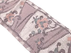 アンティーク　手織り真綿紬　変わり横段に花唐草模様織り出し名古屋帯